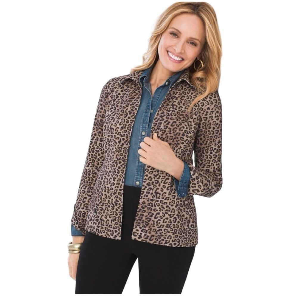 Chico’s Women’s Leopard Print Ponte Jacket Size 2 Regular Size L-12 Stretch Chic